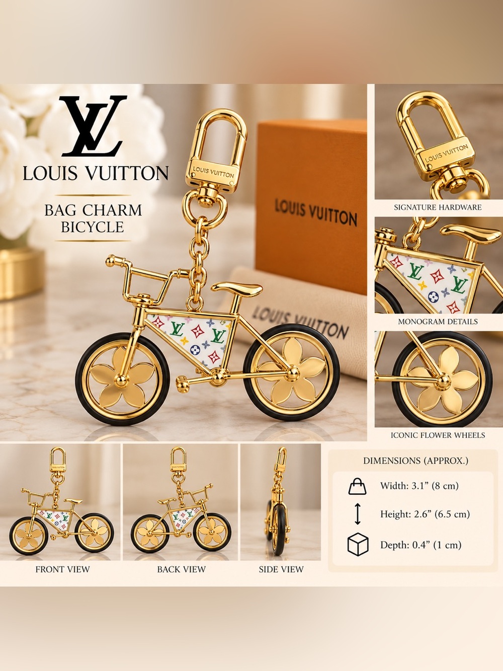 Gold Bicycle Keychain Bag Charm with Multicolor Canvas Accent